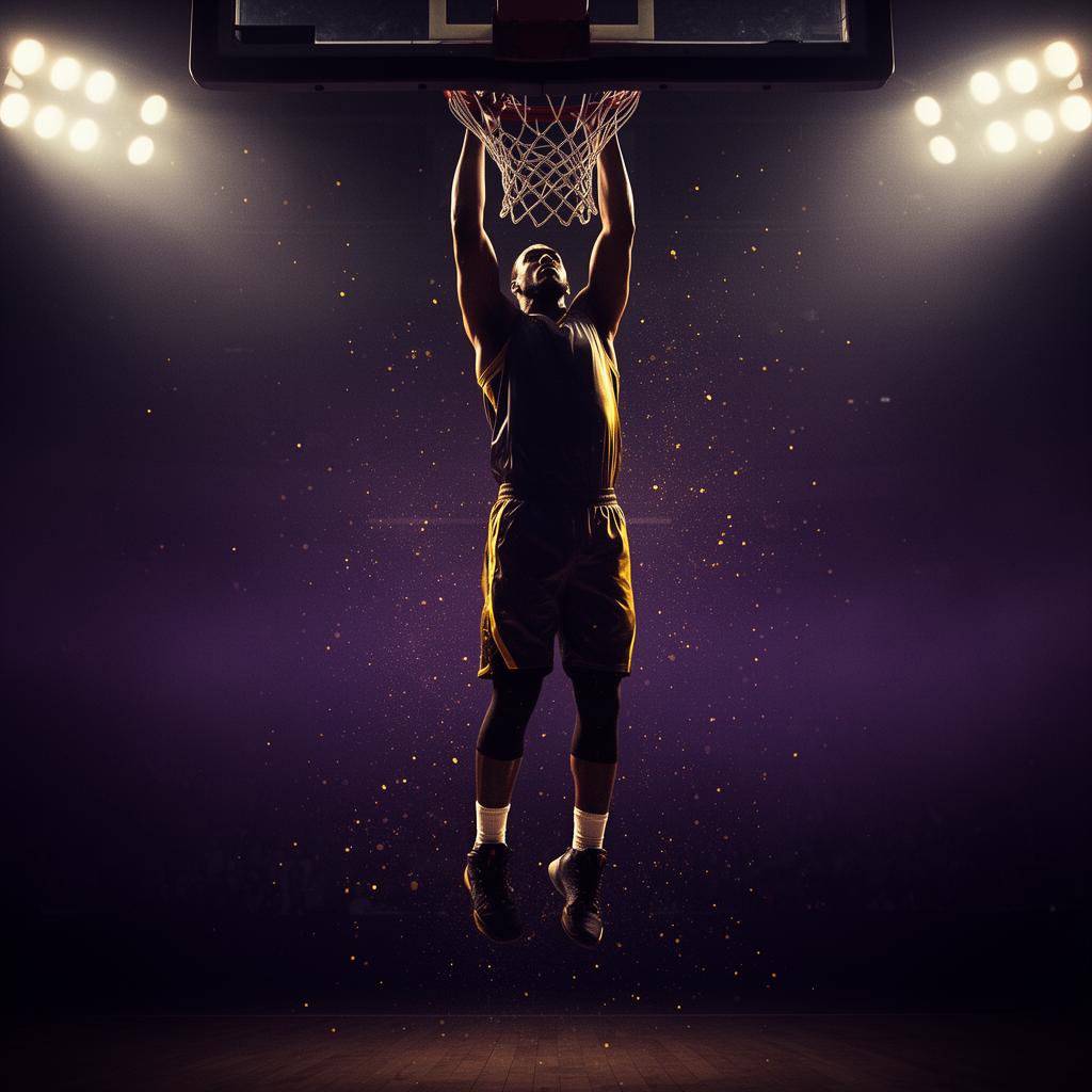 Basketball player mid-dunk under arena lights