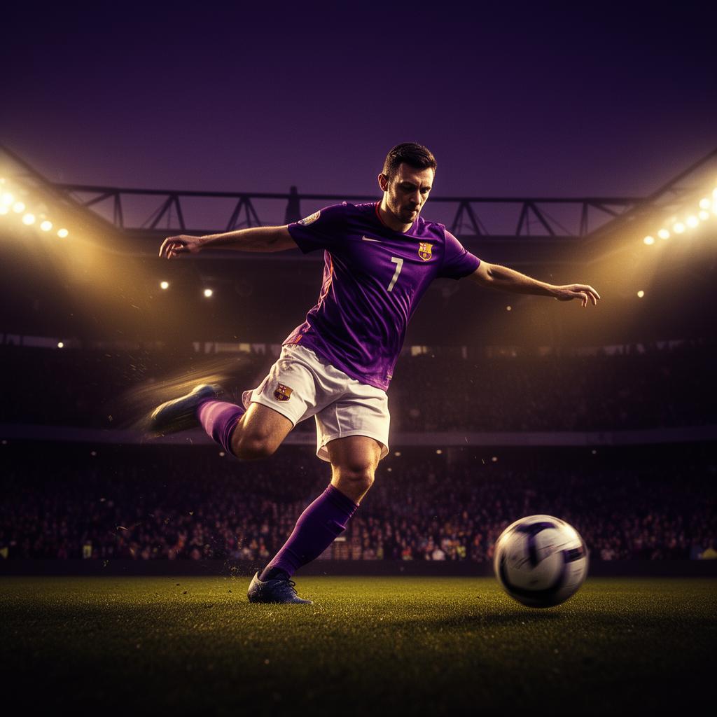 Soccer player striking the ball under stadium floodlights