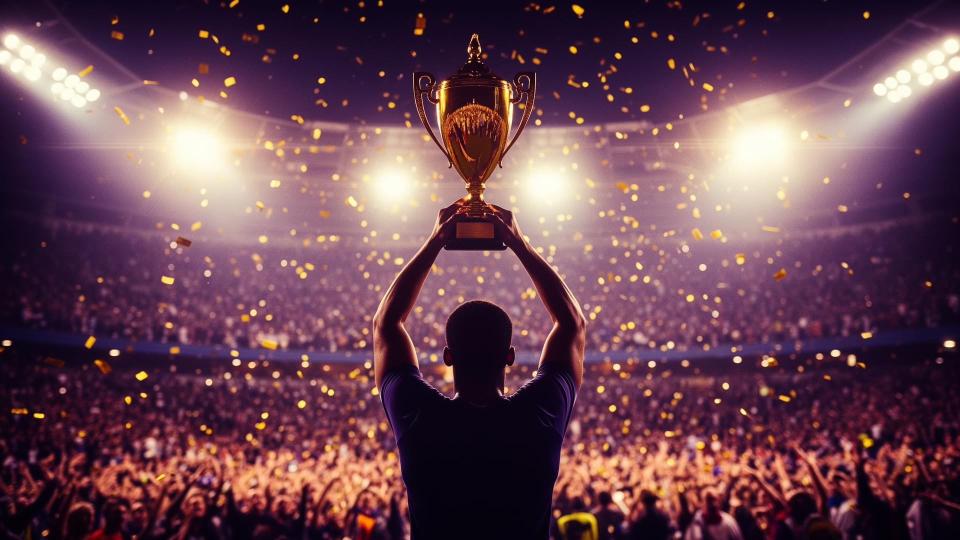 Championship trophy lifted overhead in confetti